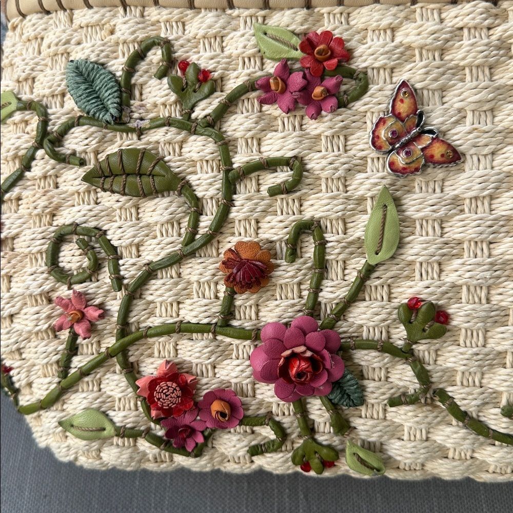 Brighton Vintage Calliope Straw Tote Floral Appliqué Enamel Butterfly Bag - Picture 2 of 10